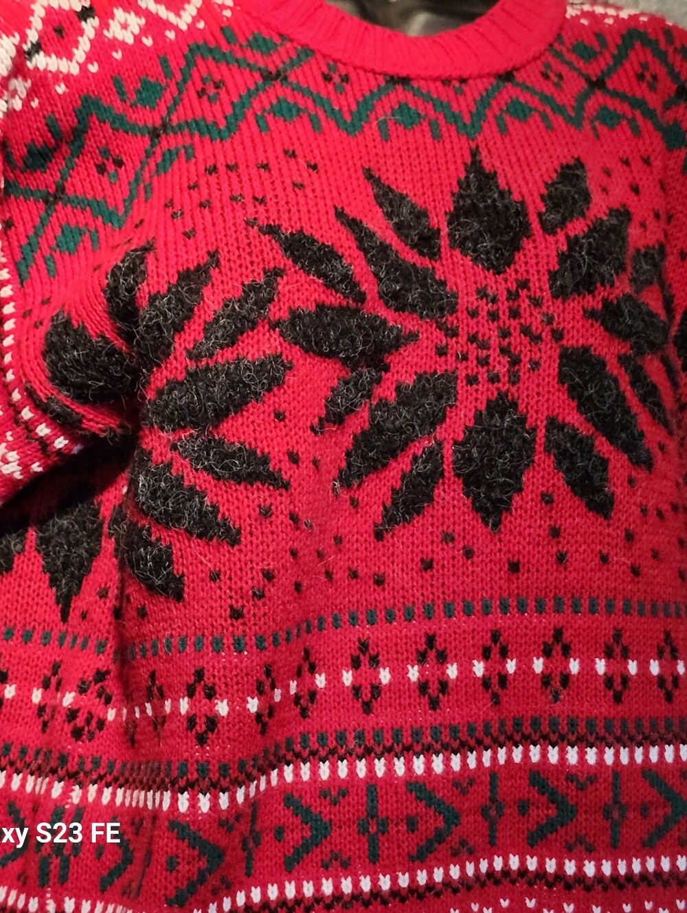 Red Fair Isle Winter Sweater with Black Snowflake Motif